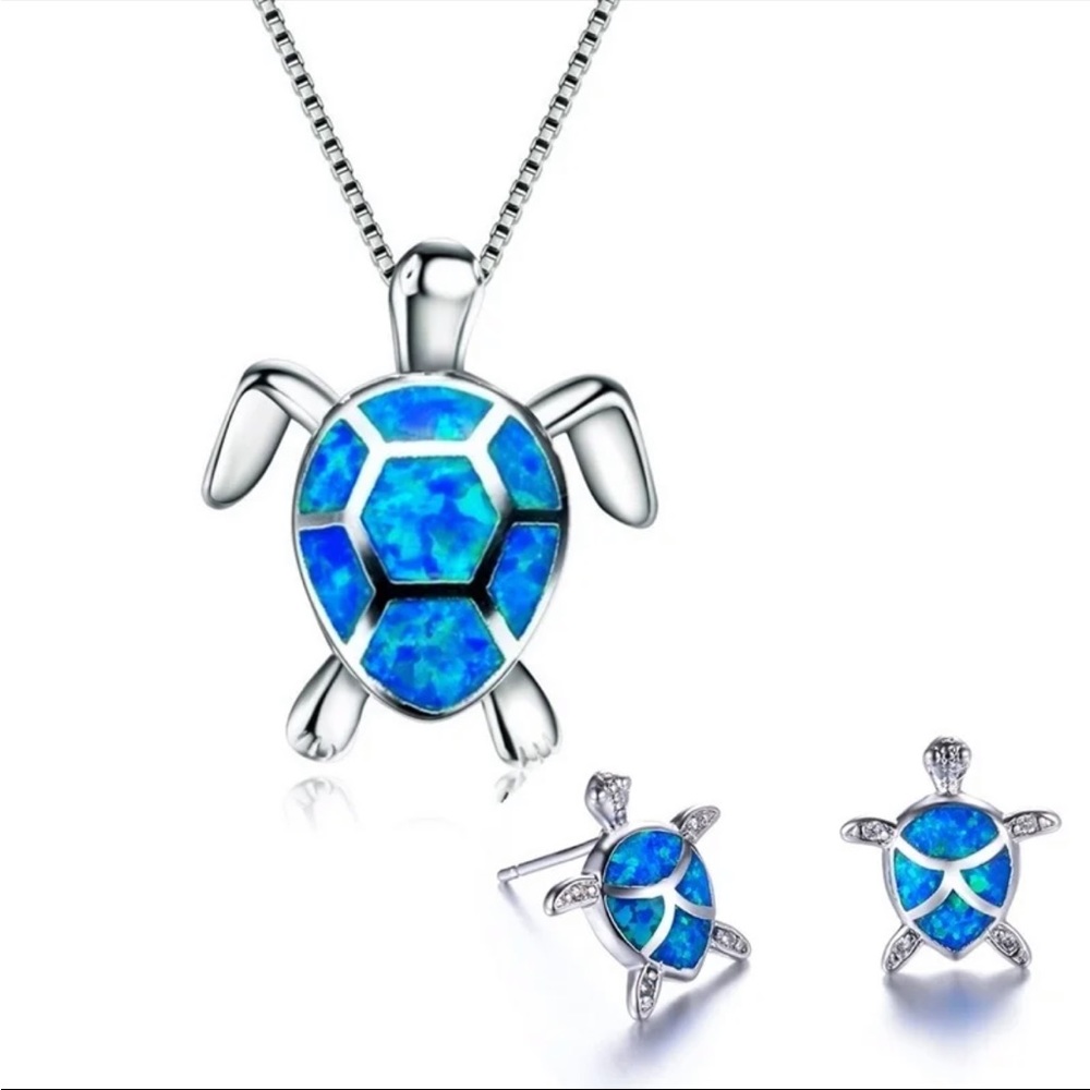 Sterling Silver Turtle Necklace Earrings Set